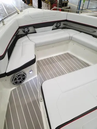  Yacht Photos Pics 2020 Formula 430 Super Sport Crossover boat interior with white seating and striped flooring.