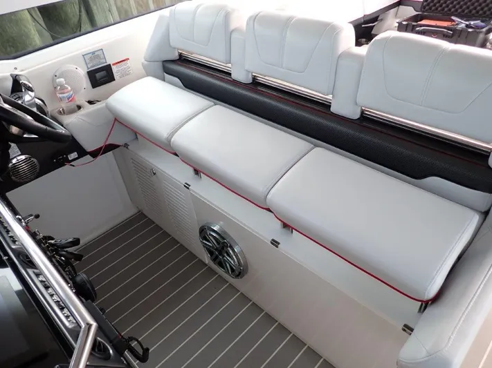  Yacht Photos Pics 2020 Formula 430 Super Sport Crossover interior with white seating and modern dashboard.