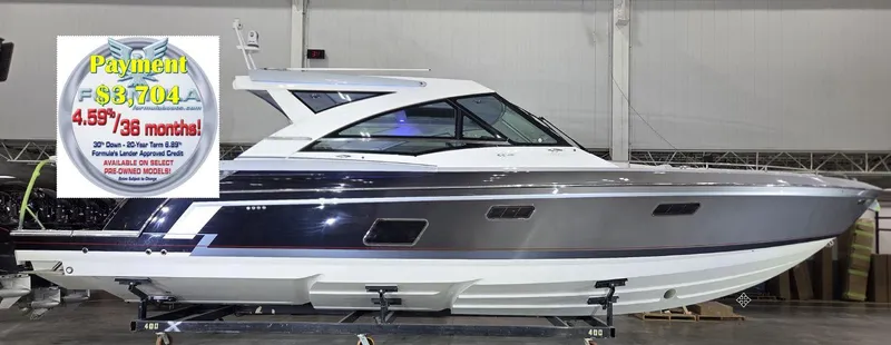 Yacht Photos Pics 2020 Formula 430 Super Sport Crossover boat in showroom with financing offer displayed.