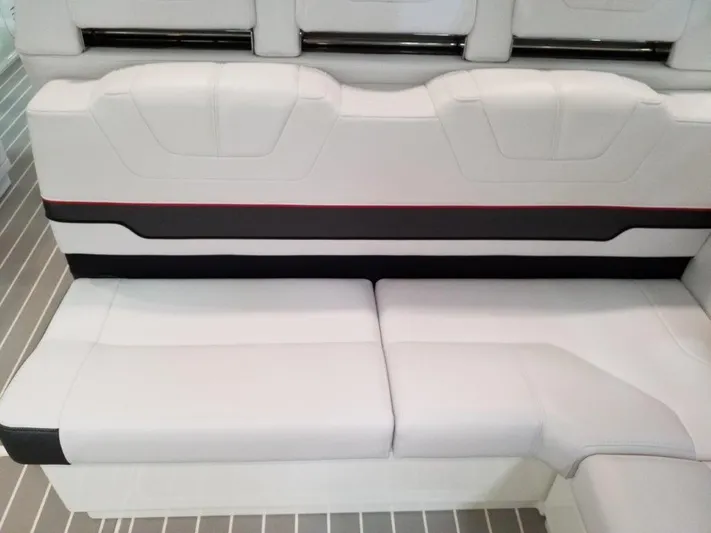  Yacht Photos Pics 2020 Formula 430 Super Sport Crossover white leather seating with black and red accents.