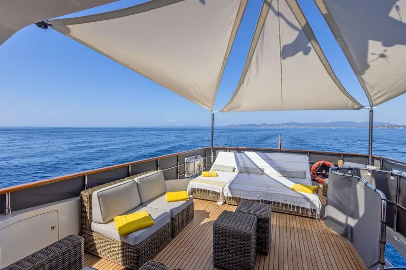 Sedna Yacht Photos Pics Luxurious deck of 2020 Jet Tern SELENE 72 yacht with ocean view and shaded seating.