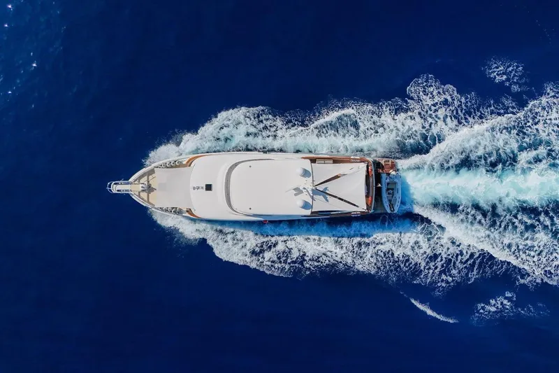 Sedna Yacht Photos Pics Aerial view of 2020 Jet Tern SELENE 72 yacht cruising in deep blue ocean.