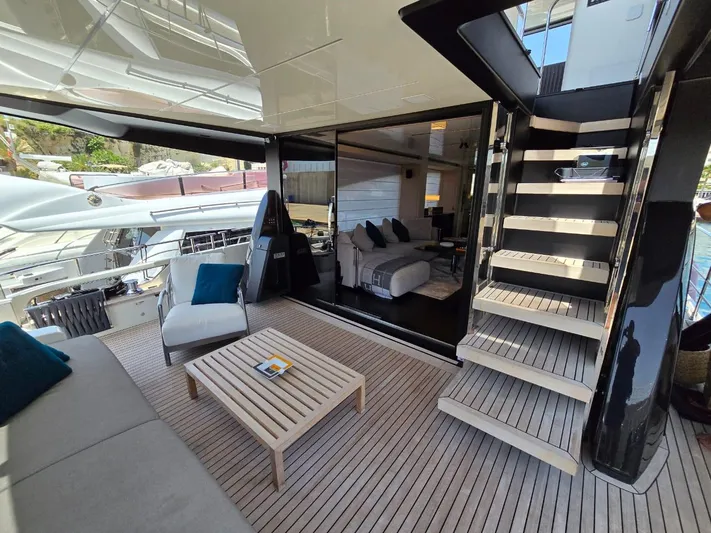 Orca Yacht Photos Pics 2023 Cranchi Sessantasette 67 yacht interior with modern seating and staircase.