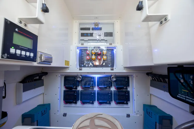  Yacht Photos Pics Electrical control panel inside 2019 Scout 420 LXF boat, featuring advanced navigation systems.