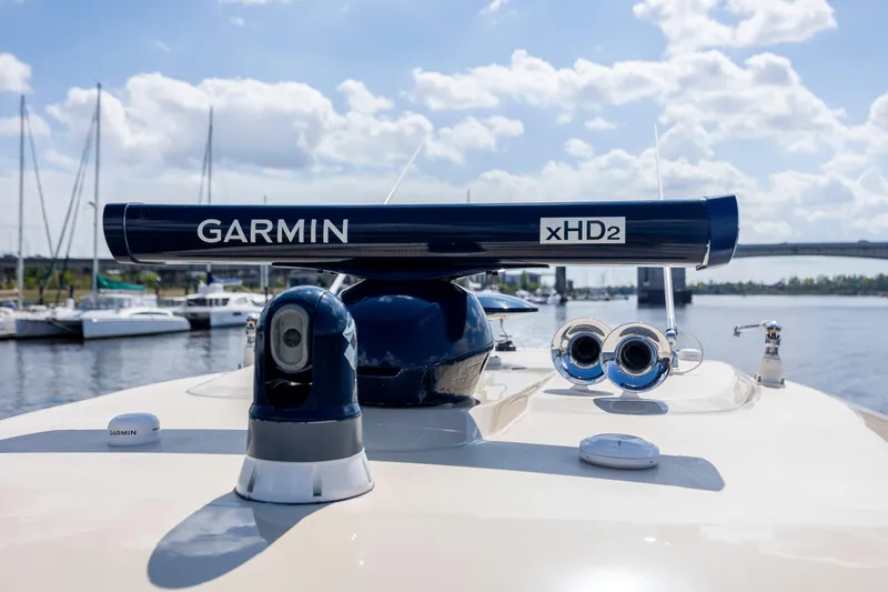  Yacht Photos Pics 2019 Scout 420 LXF boat with Garmin xHD2 radar on deck, docked at marina.