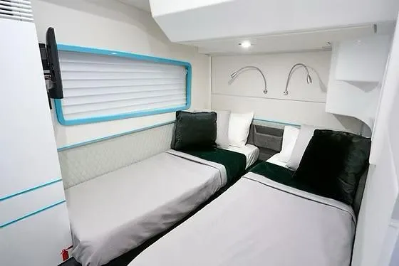  Yacht Photos Pics Interior of 2026 Schaefer 510 GT Pininfarina yacht with twin beds and modern design.