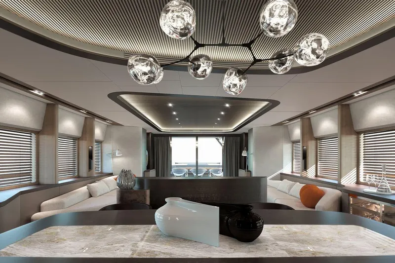  Yacht Photos Pics Luxurious interior of 2028 AvA Yachts Kando 110, featuring modern design and elegant lighting.