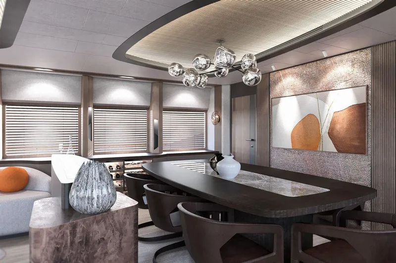  Yacht Photos Pics Luxurious interior of 2028 AvA Yachts Kando 110, featuring modern dining area and elegant decor.