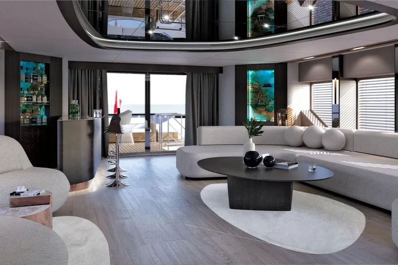  Yacht Photos Pics Luxurious interior of 2028 AvA Yachts Kando 110 with modern decor and ocean view.