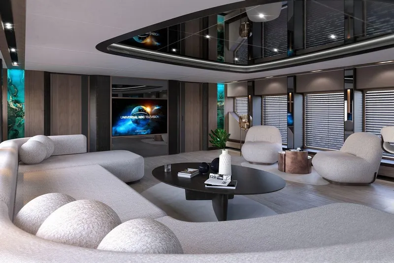  Yacht Photos Pics Luxurious interior of 2028 AvA Yachts Kando 110, featuring modern seating and entertainment area.