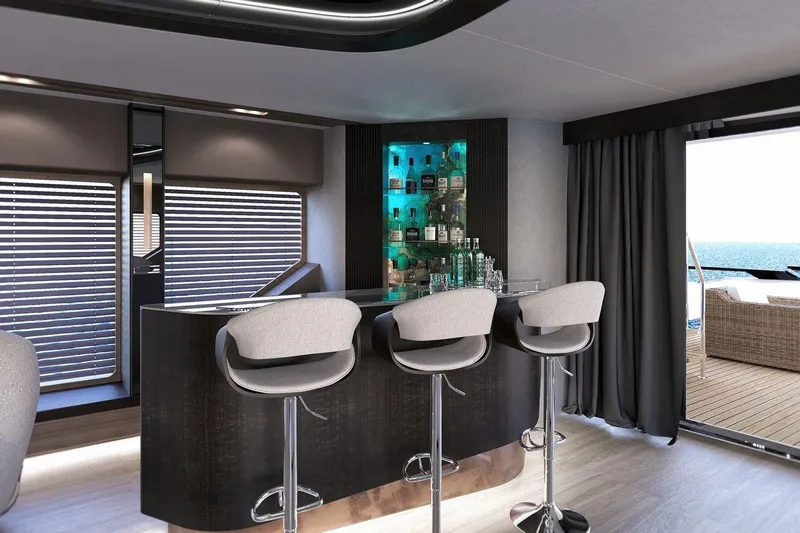  Yacht Photos Pics Luxurious bar area on AvA Yachts Kando 110, 2028 model, with ocean view.