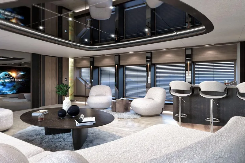  Yacht Photos Pics Luxurious interior of 2028 AvA Yachts Kando 110, featuring modern seating and elegant decor.