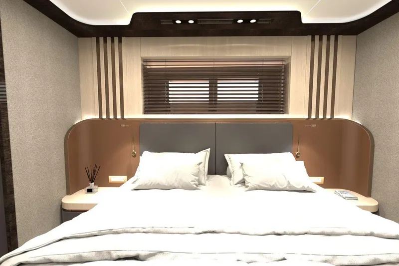  Yacht Photos Pics Luxurious bedroom interior of AvA Yachts Kando 110, 2028 model, featuring modern design.