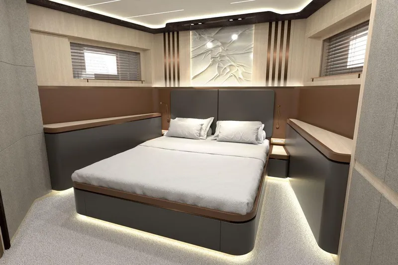  Yacht Photos Pics Luxurious bedroom interior of 2028 AvA Yachts Kando 110, featuring modern design and ambient lighting.