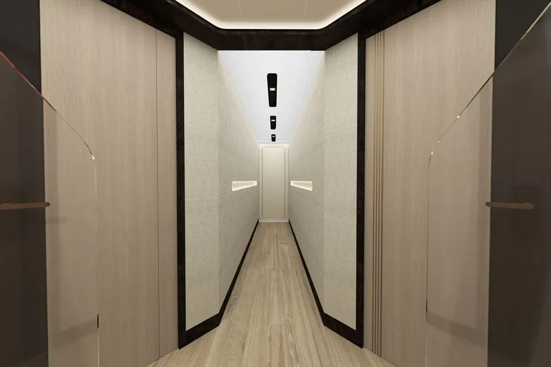 Yacht Photos Pics Modern hallway interior of AvA Yachts Kando 110, 2028 model, featuring sleek design.