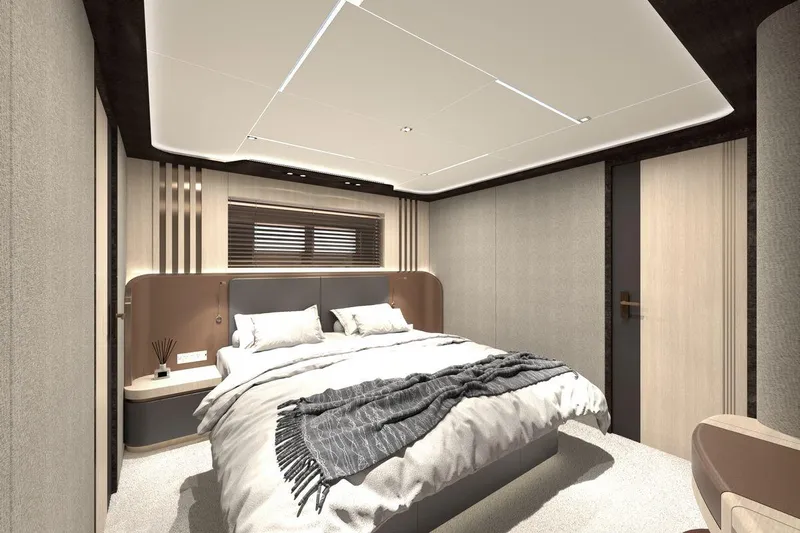  Yacht Photos Pics Luxurious bedroom interior of AvA Yachts Kando 110, 2028 model, featuring modern design elements.