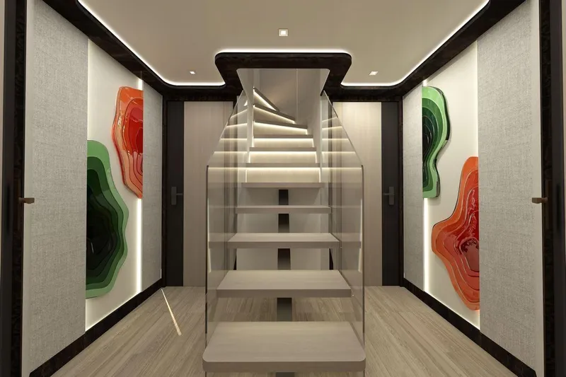  Yacht Photos Pics Modern interior of AvA Yachts Kando 110, 2028, featuring elegant staircase and artistic wall decor.