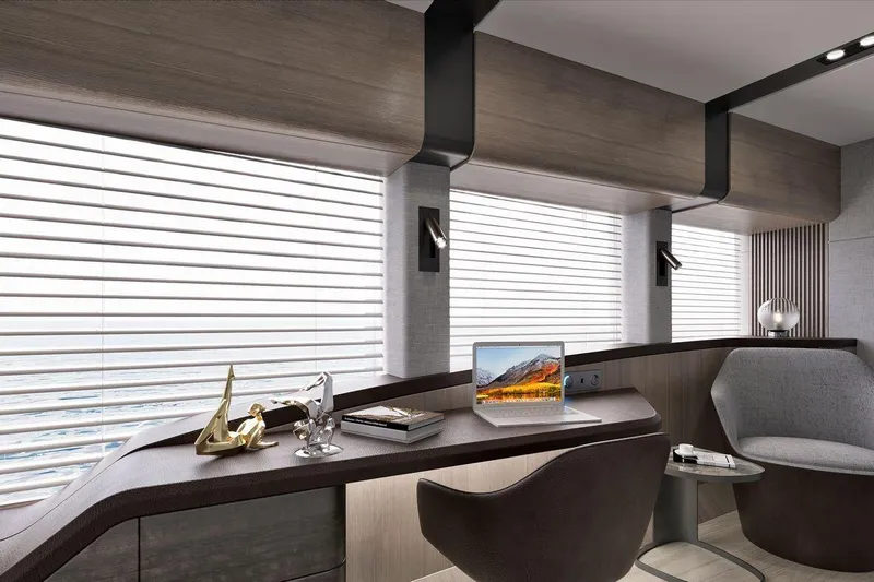  Yacht Photos Pics Luxurious interior of 2028 AvA Yachts Kando 110 with modern furnishings and decor.
