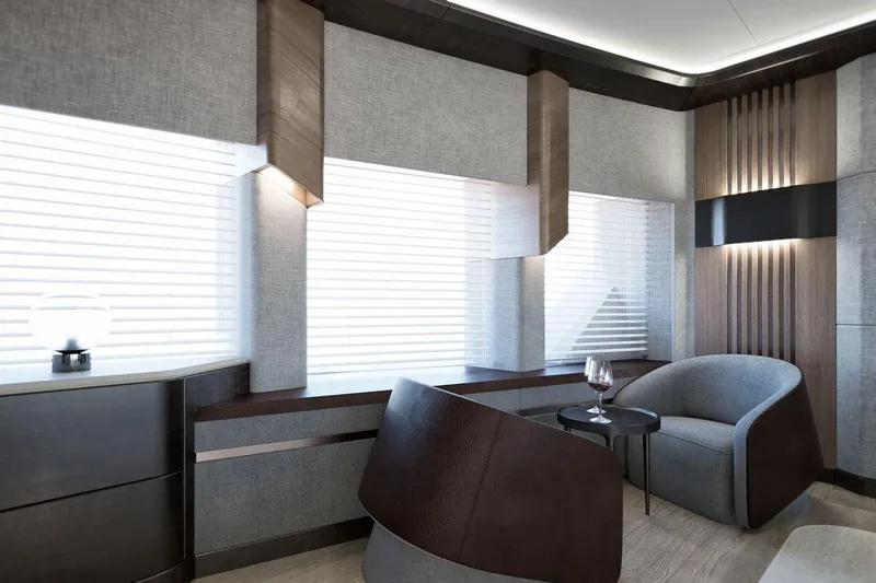  Yacht Photos Pics Luxurious interior of 2028 AvA Yachts Kando 110 with modern seating and elegant decor.