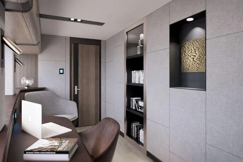  Yacht Photos Pics Luxurious interior of AvA Yachts Kando 110, 2028 model, featuring modern design and elegant furnishings.