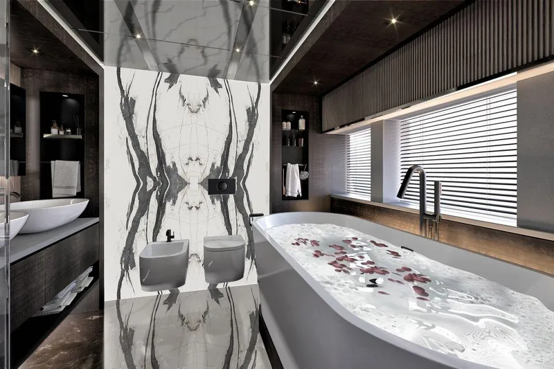  Yacht Photos Pics Luxurious bathroom on AvA Yachts Kando 110, 2028 model, featuring elegant bathtub and modern design.