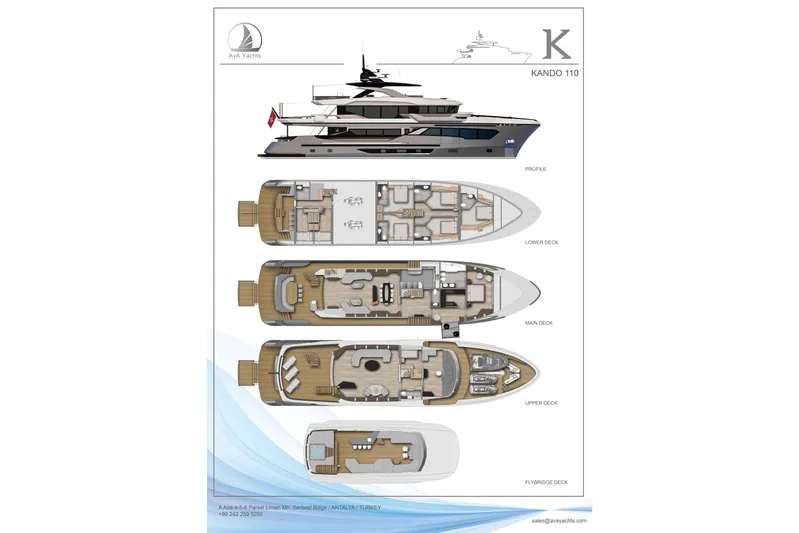  Yacht Photos Pics AvA Yachts Kando 110 2028 yacht design with detailed deck layouts and profile view.