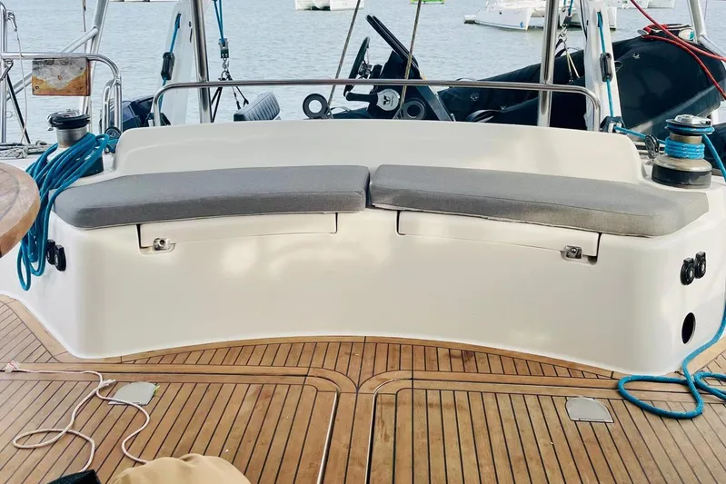 Macera Yacht Photos Pics Cockpit of 2008 Privilege 495 yacht with cushioned seating and nautical equipment.