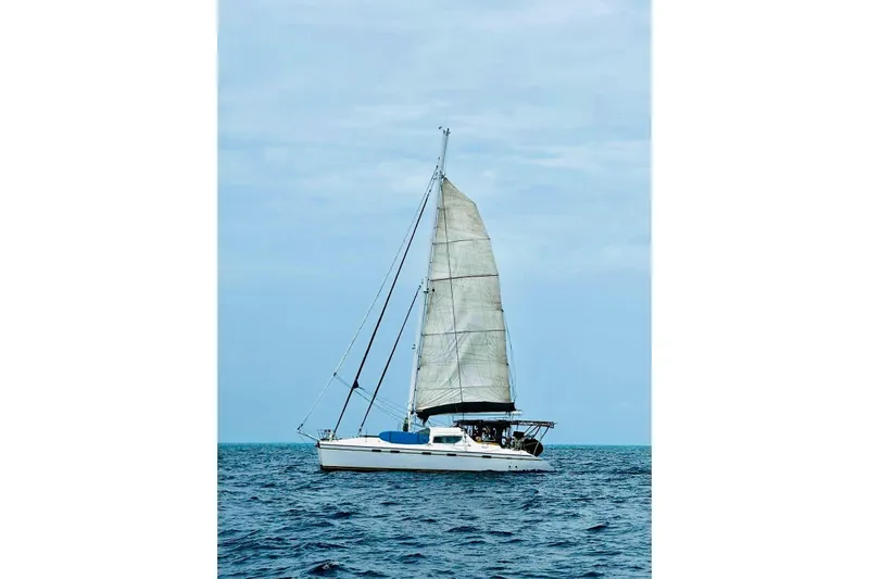 Macera Yacht Photos Pics Sailing catamaran Privilege 495, 2008 model, cruising on open sea under clear skies.