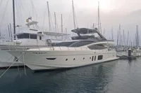 Luxury Astondoa A76 GLX yacht, upgraded to A80 GLX, docked in marina, 2008 model.