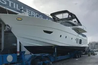 Luxury Astondoa A76 GLX yacht upgraded to A80 GLX, 2008 model, docked at shipyard.
