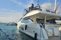Luxury Astondoa A76 GLX yacht, upgraded to A80 GLX, docked in a marina, 2008 model.