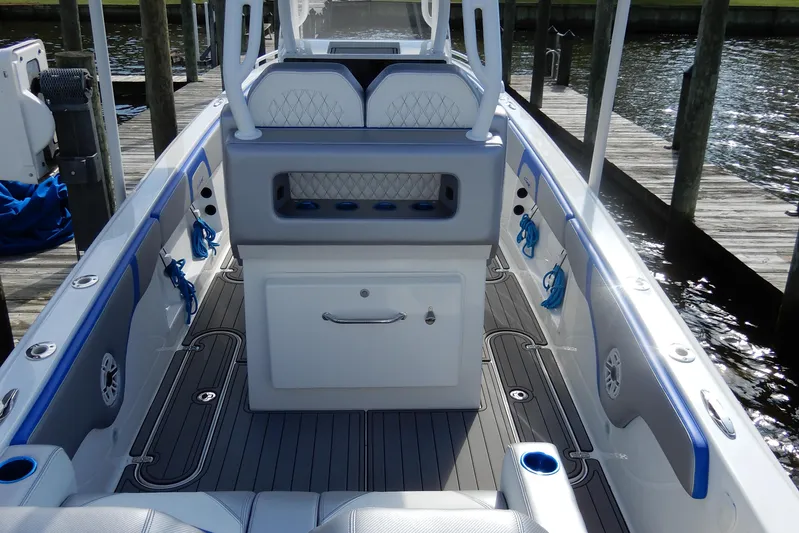  Yacht Photos Pics 2021 Concept 32' Open Deck boat interior with modern seating and storage.