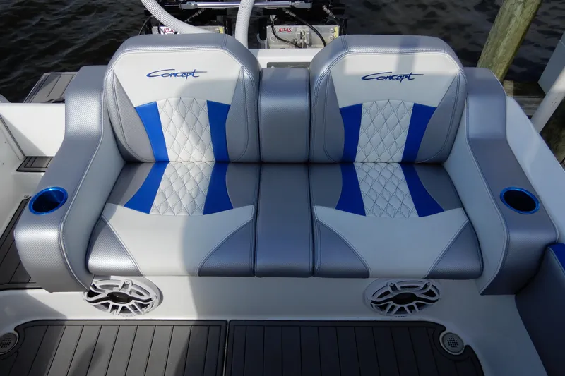  Yacht Photos Pics Luxurious seating on 2021 Concept 32' Open Deck boat with blue and gray upholstery.