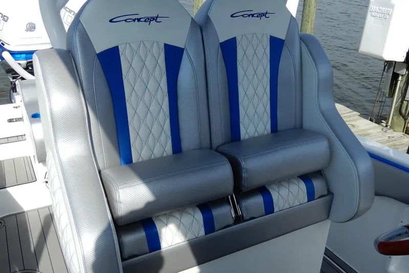  Yacht Photos Pics Luxury seating on 2021 Concept 32' Open Deck boat, featuring blue and gray design.