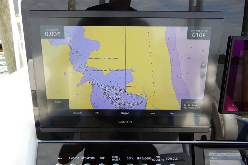  Yacht Photos Pics Garmin GPS display on 2021 Concept 32' Open Deck boat, showing nautical map and coordinates.