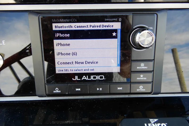  Yacht Photos Pics JL Audio Bluetooth interface on Concept 32' Open Deck, 2021 model, displaying paired devices.