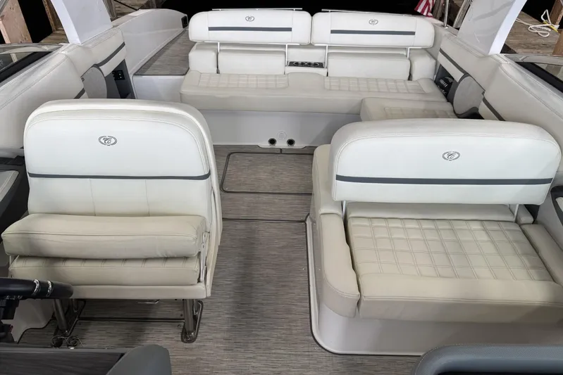  Yacht Photos Pics 2021 Cobalt R30 boat interior with luxurious white seating and modern design.