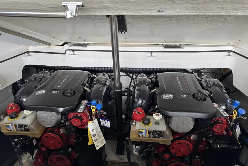  Yacht Photos Pics 2021 Cobalt R30 boat engine compartment with dual Volvo Penta engines.