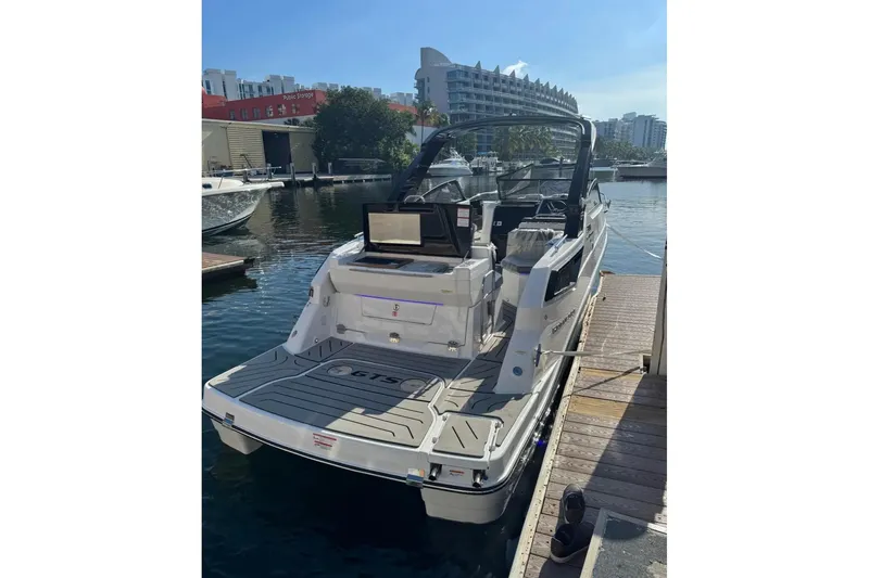  Yacht Photos Pics 2026 Granfort 300 GTS luxury boat docked at marina, rear view.