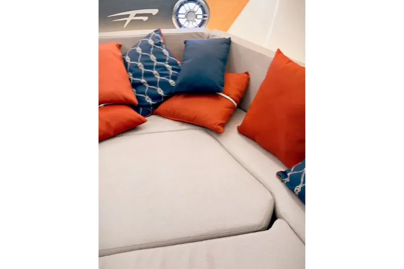  Yacht Photos Pics Luxurious seating with colorful cushions in a 2026 Granfort 300 GTS yacht interior.