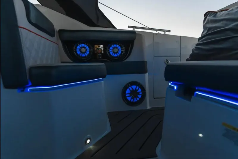  Yacht Photos Pics Interior of 2026 Granfort 300 GTS boat with blue LED lighting and speakers.