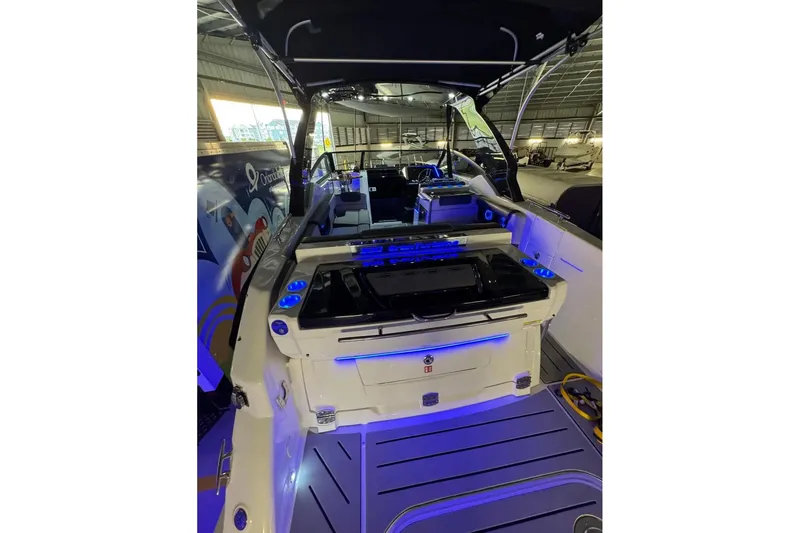  Yacht Photos Pics 2026 Granfort 300 GTS boat interior with modern design and blue LED lighting.