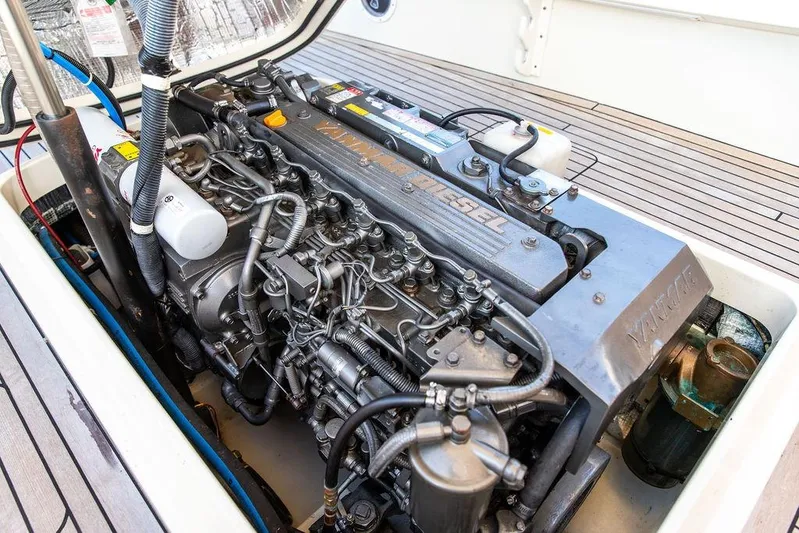 Wayfarer Yacht Photos Pics Engine compartment of a 2002 Hinckley Talaria 29C, featuring a Yanmar diesel engine.