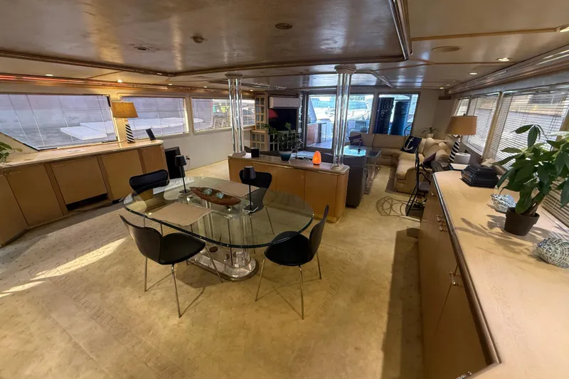  Yacht Photos Pics Luxurious interior of a 1990 Denison Pilothouse Cockpit Motoryacht with elegant furnishings.