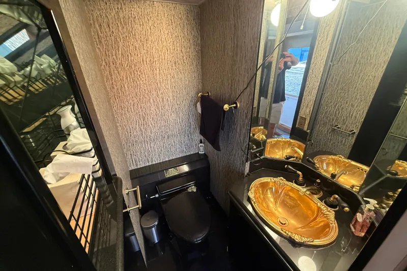  Yacht Photos Pics Luxurious bathroom in 1990 Denison Pilothouse Cockpit Motoryacht with gold sink and modern fixtures.