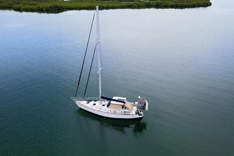 Oleta Yacht Photos Pics Sailboat on calm water, 2005 Tayana 48 model, surrounded by lush greenery.