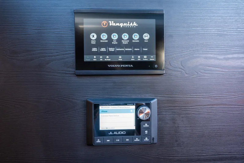 Pharmasea Yacht Photos Pics 2022 Vanquish Yachts VQ45 control panels with Volvo Penta and JL Audio systems.