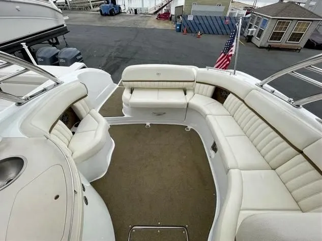  Yacht Photos Pics Interior of a 2018 Cobalt R35 boat with white leather seating.