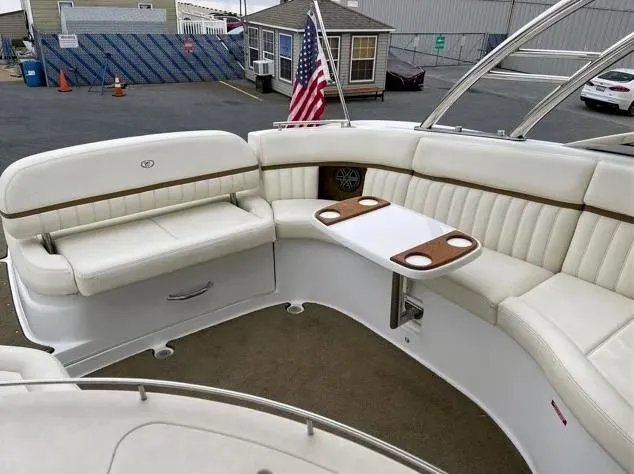  Yacht Photos Pics Interior of a 2018 Cobalt R35 boat with white leather seating.