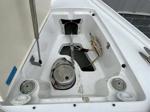  Yacht Photos Pics Anchor compartment of 2018 Cobalt R35 boat with chain and rope.